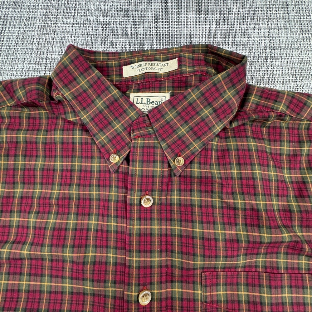 LL Bean Mens Shirt Wrinkle Resistant Traditional Fit Plaid Cotton Burgundy L REG - Picture 3 of 8